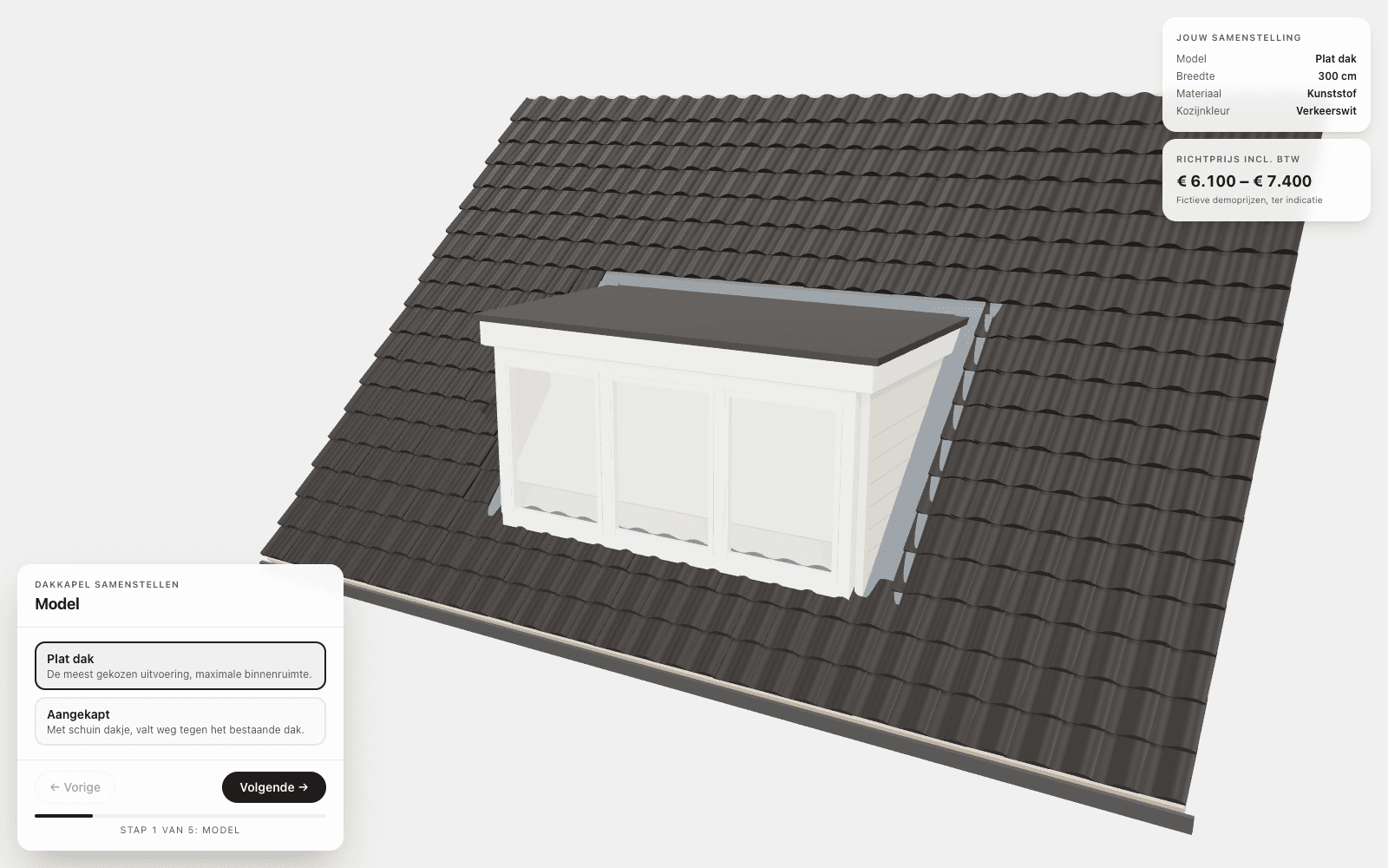 De dakkapel-configurator met een 3D-weergave van een dakkapel en het keuzepaneel.