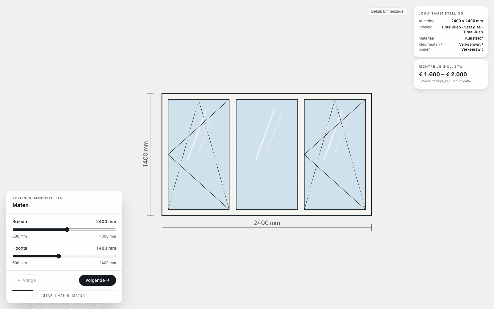 De kozijnen-configurator met een technische tekening van een kozijn en het keuzepaneel.