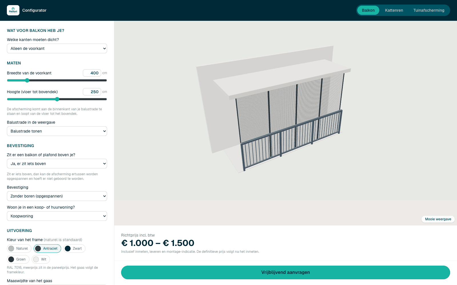 De Petfort-configurator met een 3D-weergave van een dierenverblijf.